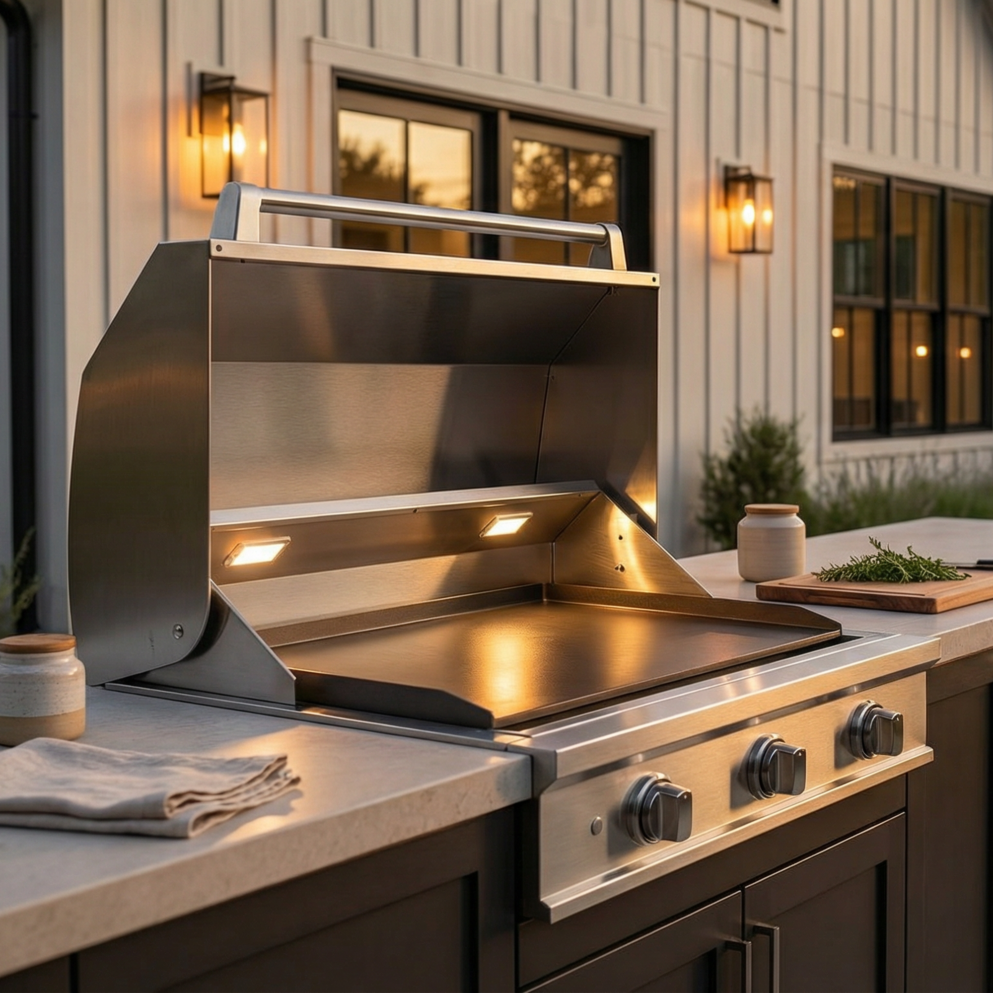 Induction Hardware 36-inch outdoor built-in induction griddle installed in an outdoor kitchen at dusk