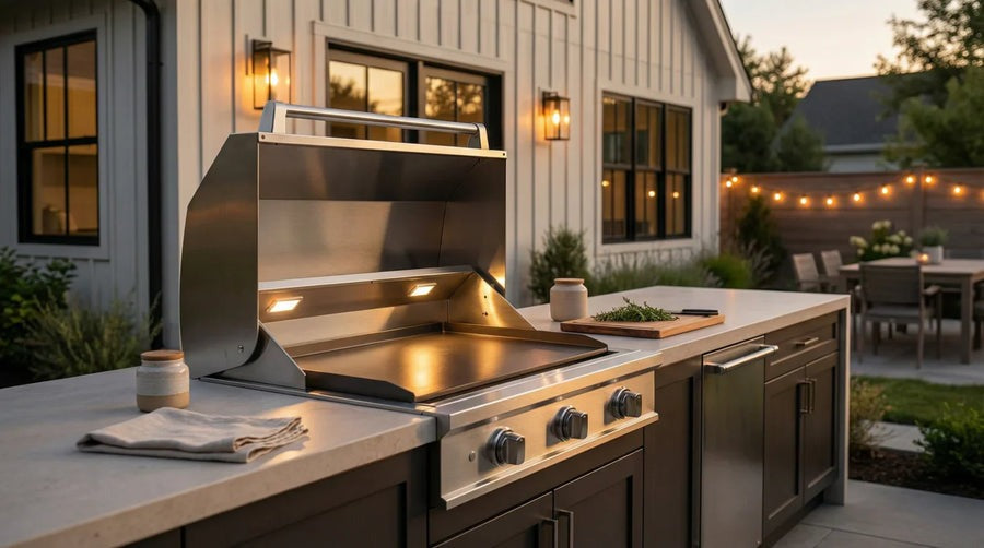 Outdoor induction griddle in a backyard kitchen at dusk